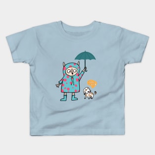 cute-looking monster is holding an umbrella for the dog in the outdoor while heavy rain Kids T-Shirt